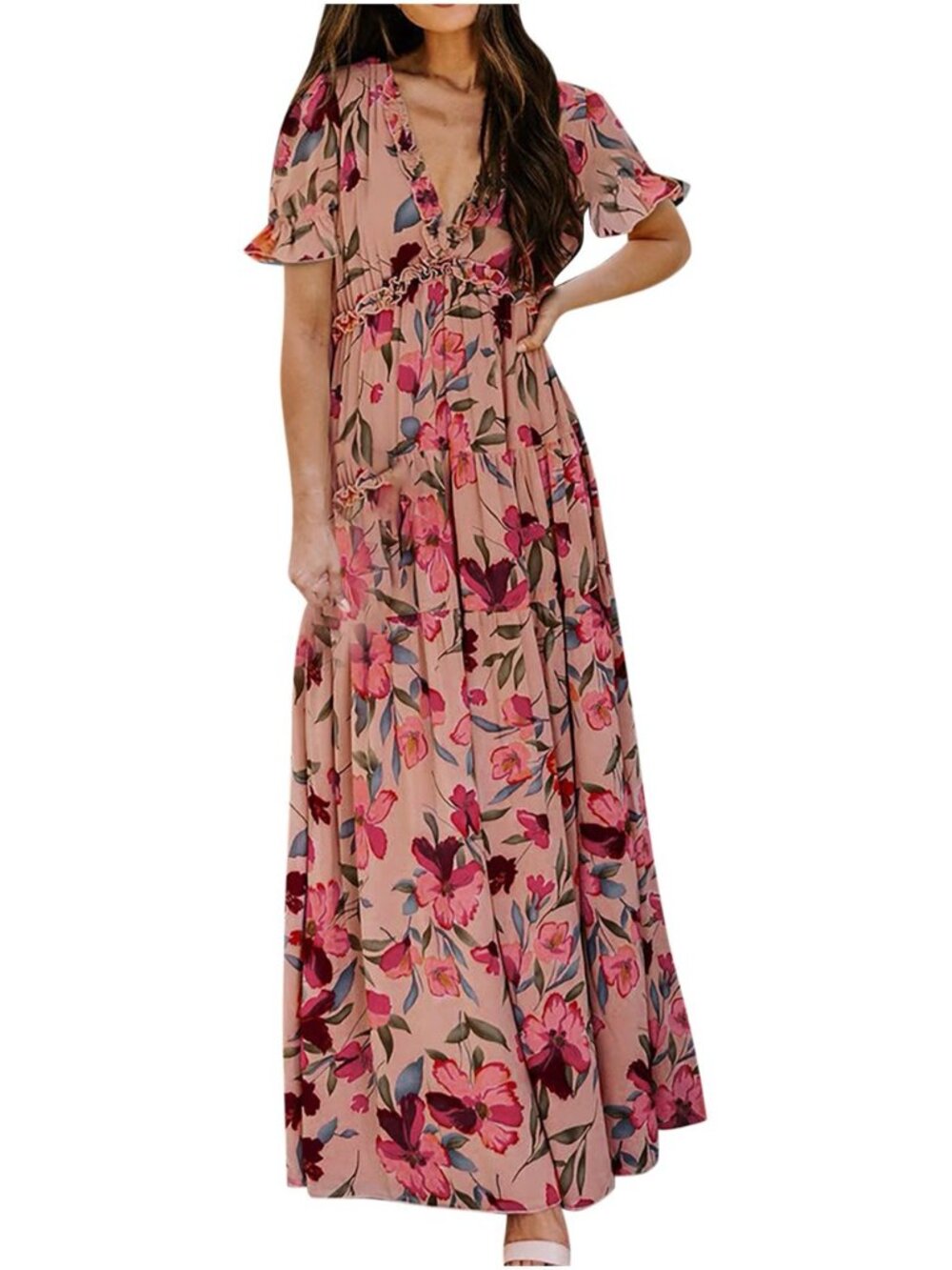 Blush Pink Floral Maxi Dress with Ruffle Trim